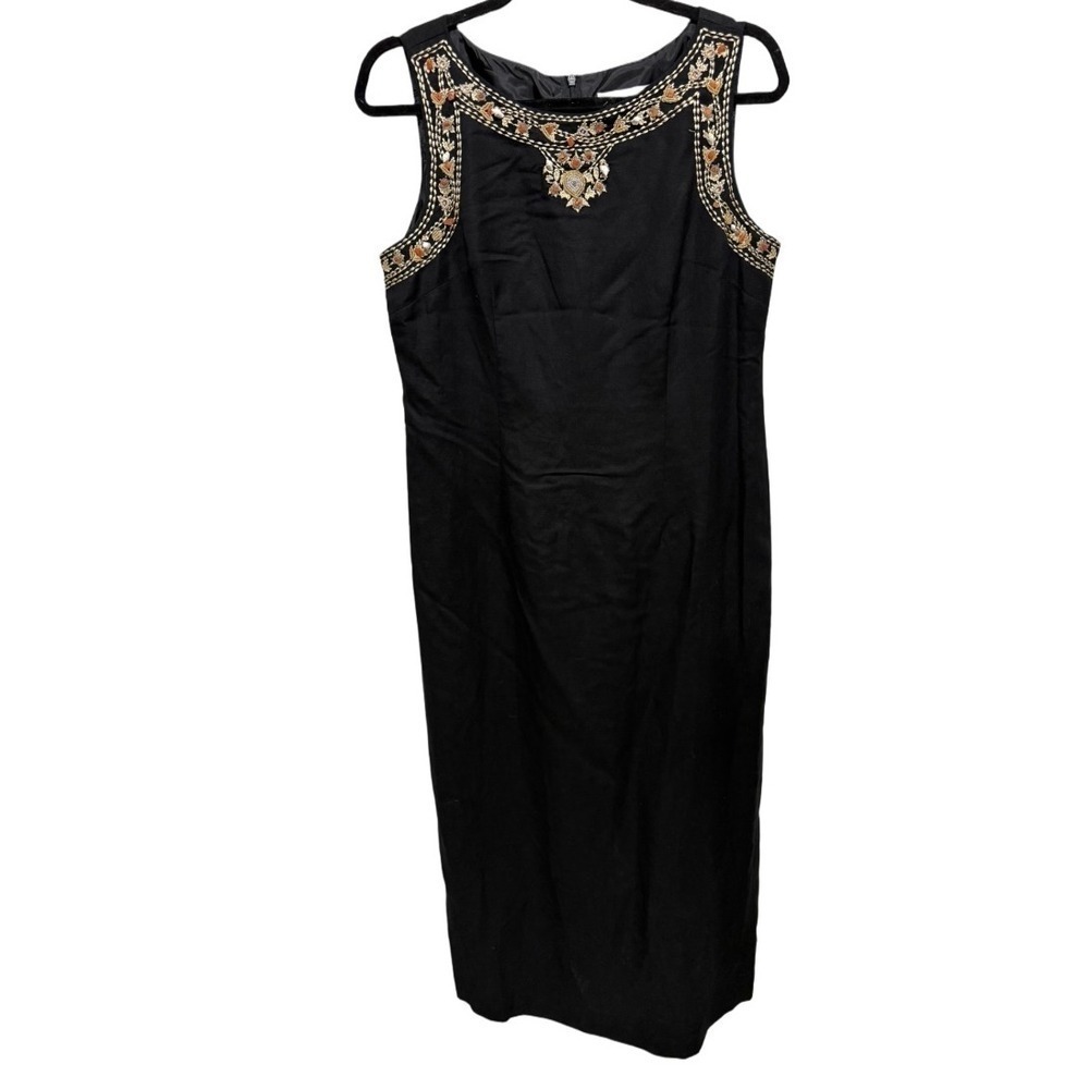 Jessica Howard Vintage Beaded Sea Shell Black Maxi Dress Formal Ocean Size 12